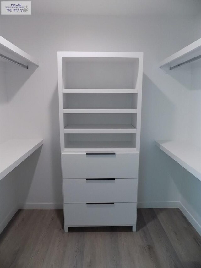 spacious closet with dark hardwood / wood-style flooring