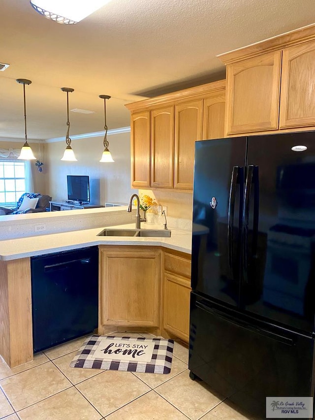 kitchen with sink, black appliances, crown molding, and light tile patterned floors