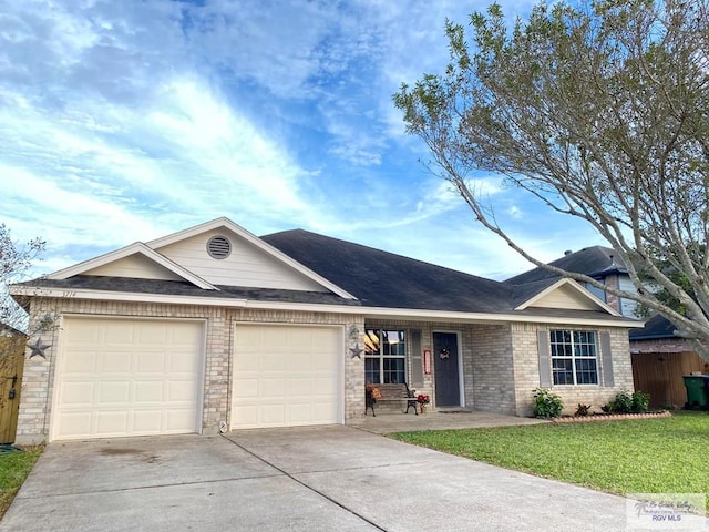 ranch-style home with a garage and a front yard