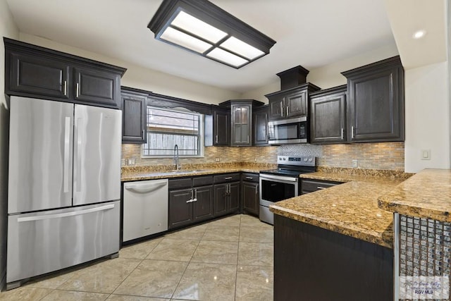 kitchen featuring tasteful backsplash, kitchen peninsula, sink, and stainless steel appliances