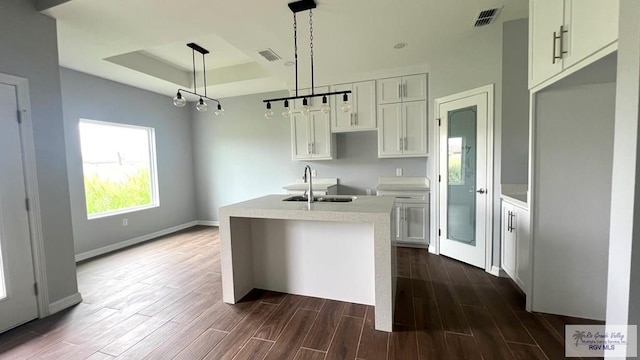 2517 S Christian Cir, Harlingen, TX 78550 - kitchen featuring a tray ceiling, an island with sink, dark wood-style flooring, and white cabinetry