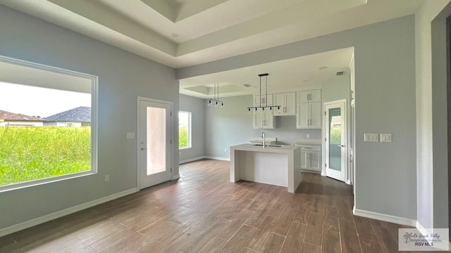 2517 S Christian Cir, Harlingen, TX 78550 - kitchen with a tray ceiling, white cabinets, dark wood finished floors, an island with sink, and pendant lighting