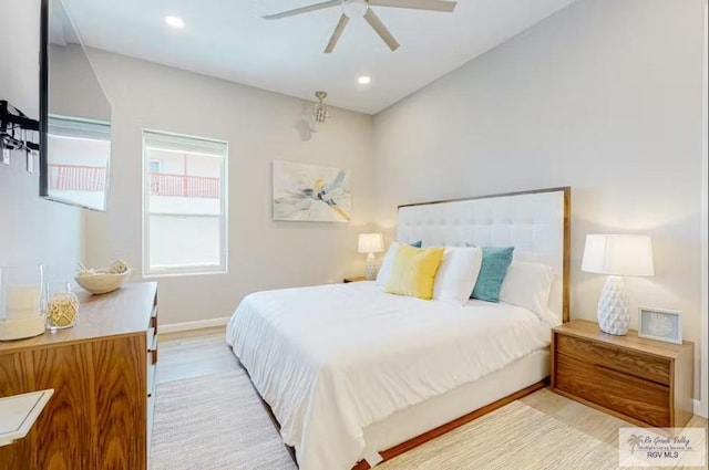 bedroom featuring recessed lighting, baseboards, ceiling fan, and light wood-style floors