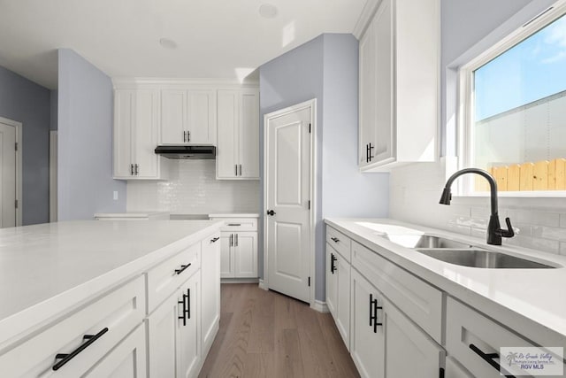 kitchen featuring white cabinetry, sink, decorative backsplash, and light wood-type flooring