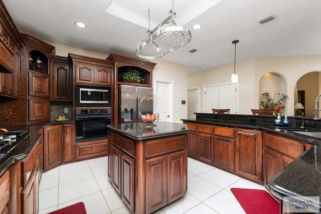 kitchen featuring light tile patterned floors, open shelves, visible vents, a sink, and black appliances