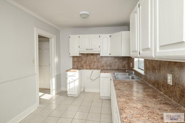 718 Pierce Ave, Harlingen, TX 78550 - kitchen with under cabinet range hood, white cabinetry, backsplash, light tile patterned floors, and crown molding