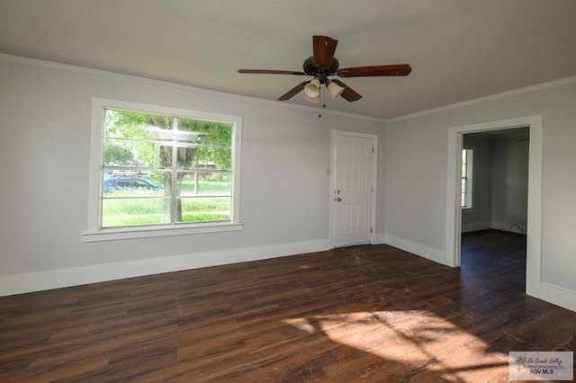 718 Pierce Ave, Harlingen, TX 78550 - spare room featuring crown molding, dark wood-type flooring, and a ceiling fan