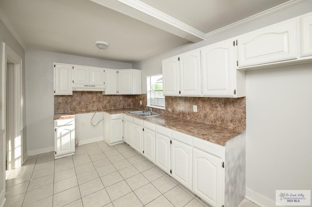 718 Pierce Ave, Harlingen, TX 78550 - kitchen featuring under cabinet range hood, backsplash, white cabinets, light tile patterned floors, and crown molding