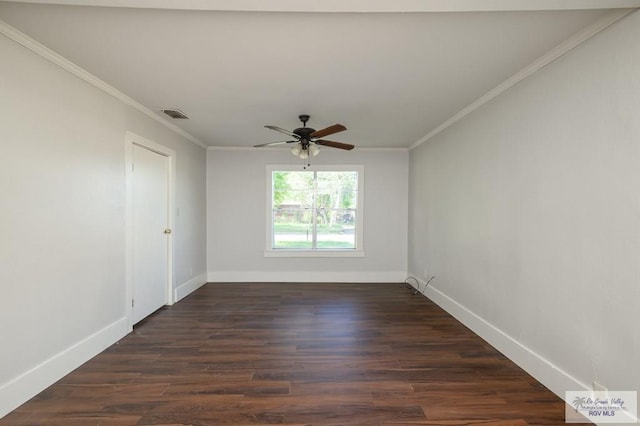 718 Pierce Ave, Harlingen, TX 78550 - spare room with ceiling fan, ornamental molding, and dark wood-style flooring