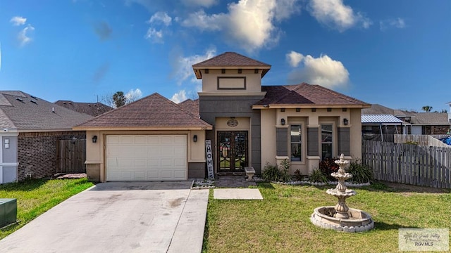 view of front of property with a garage and a front yard