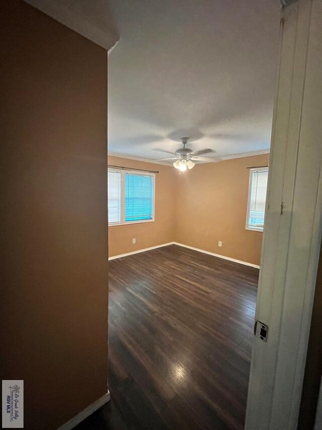 empty room featuring ceiling fan and dark hardwood / wood-style floors