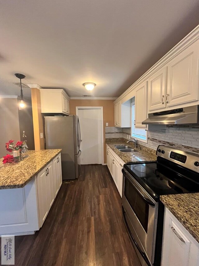 kitchen featuring sink, light stone countertops, decorative light fixtures, white cabinetry, and stainless steel appliances