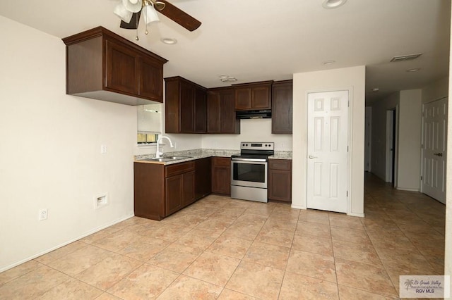 kitchen with sink, ceiling fan, stainless steel electric range oven, light tile patterned floors, and dark brown cabinets