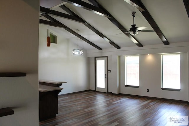 entrance foyer with dark wood-type flooring, ceiling fan, and lofted ceiling with beams