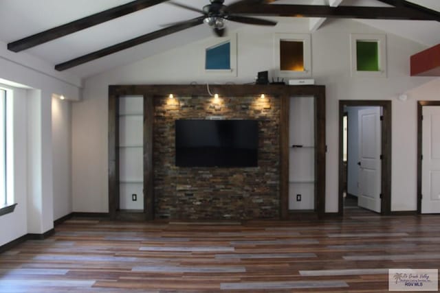 unfurnished living room with ceiling fan, vaulted ceiling with beams, baseboards, and wood finished floors