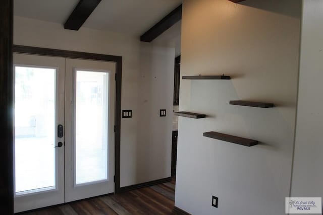 entryway featuring french doors, a healthy amount of sunlight, beamed ceiling, and dark wood-style flooring