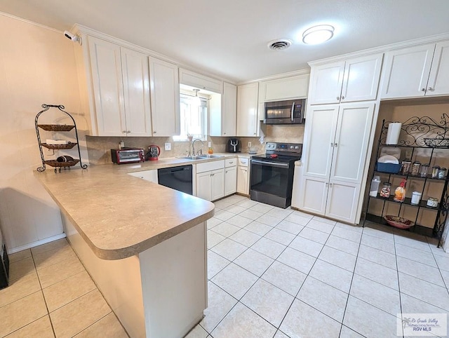 kitchen featuring white cabinetry, kitchen peninsula, electric range, and black dishwasher