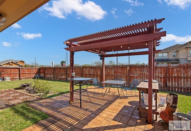 view of patio / terrace with area for grilling, a fenced backyard, and a pergola