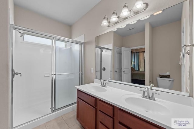 full bath with a shower stall, visible vents, a sink, and tile patterned floors