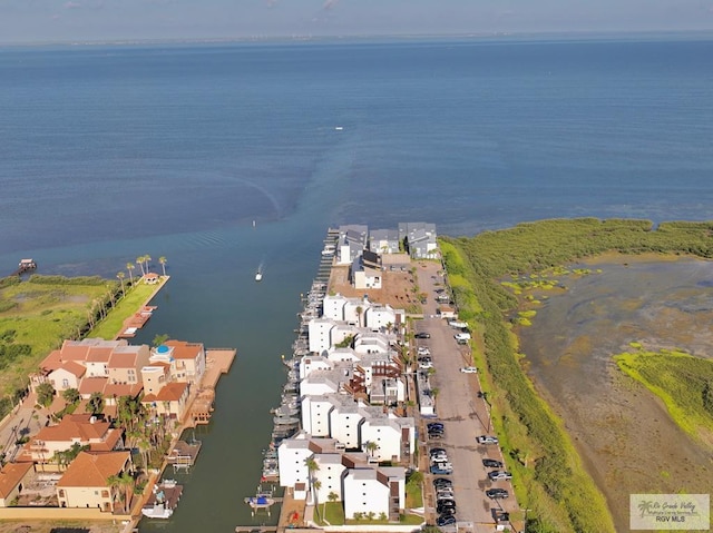 drone / aerial view with a water view