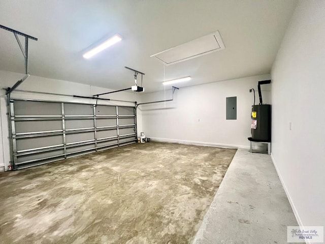 garage with electric panel, a garage door opener, and water heater