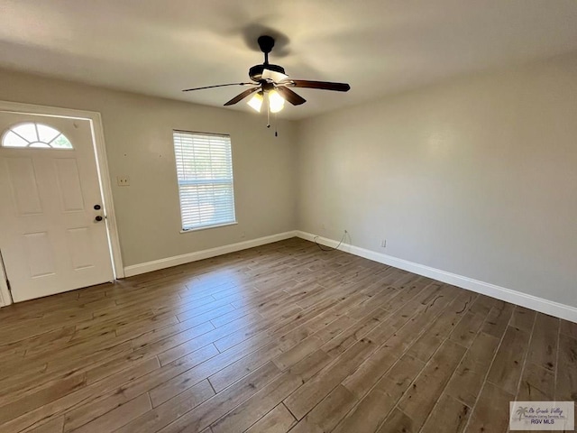 foyer entrance with dark hardwood / wood-style flooring, a wealth of natural light, and ceiling fan