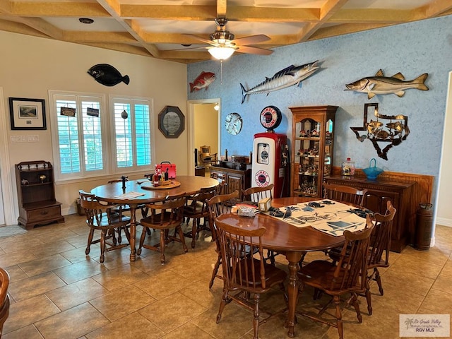 dining space featuring beam ceiling, light tile patterned floors, ceiling fan, and coffered ceiling