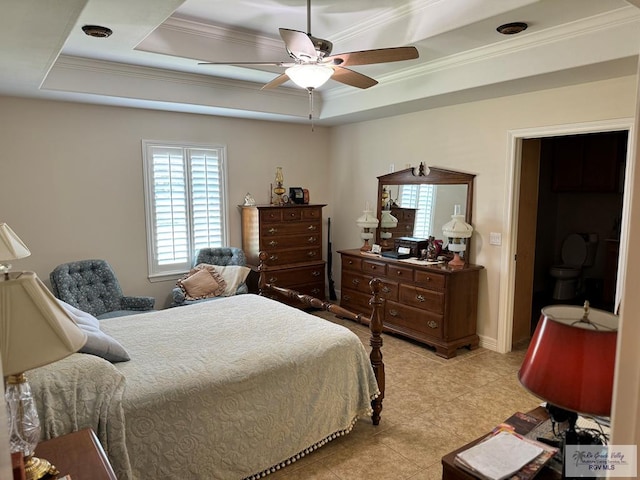 bedroom featuring ceiling fan, a raised ceiling, and ornamental molding