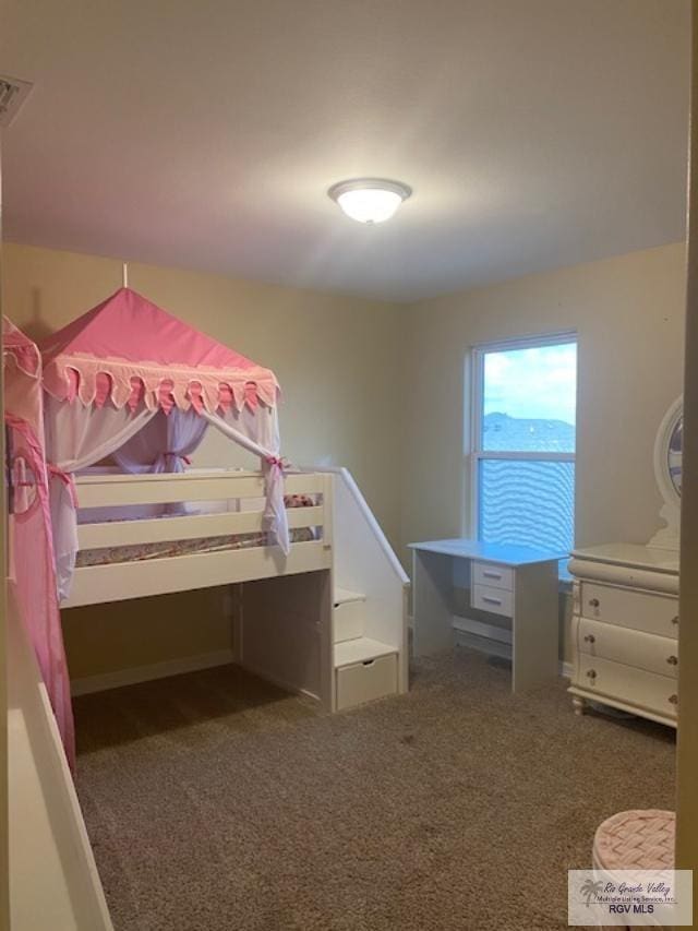 bedroom featuring dark colored carpet