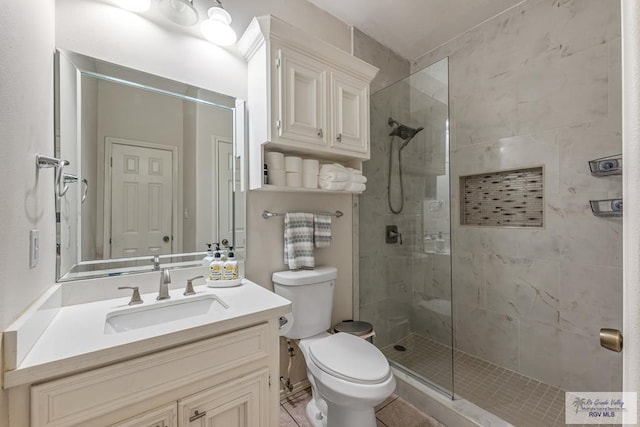 bathroom with a shower stall, toilet, and vanity