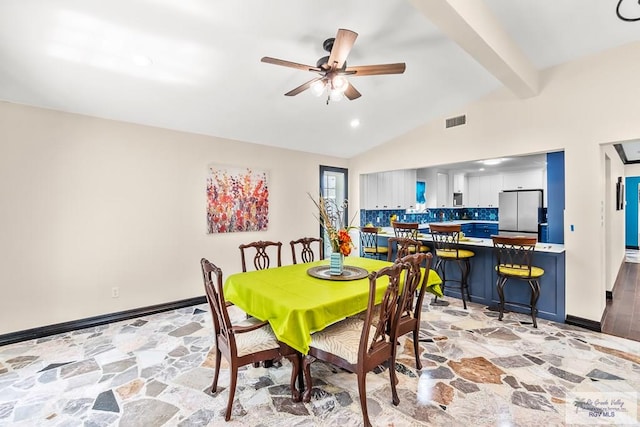 dining space featuring visible vents, ceiling fan, lofted ceiling with beams, and baseboards