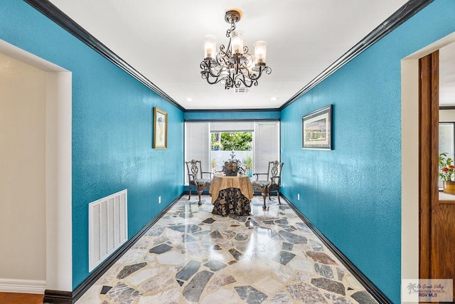 unfurnished dining area featuring a notable chandelier, visible vents, baseboards, and ornamental molding