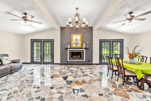 interior space with french doors, a fireplace, and lofted ceiling with beams