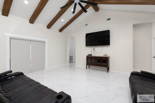 living area with marble finish floor, visible vents, high vaulted ceiling, beamed ceiling, and baseboards