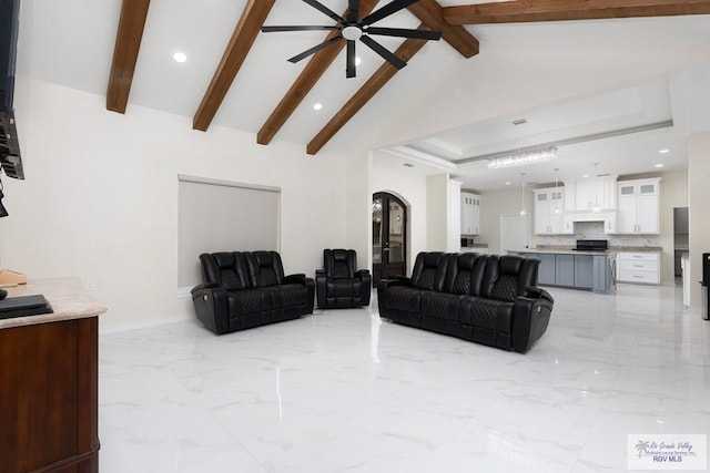 living area featuring baseboards, marble finish floor, high vaulted ceiling, beam ceiling, and recessed lighting