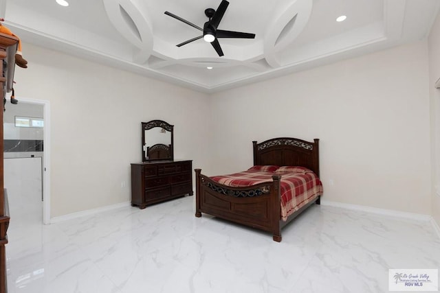 bedroom featuring marble finish floor, recessed lighting, coffered ceiling, and baseboards