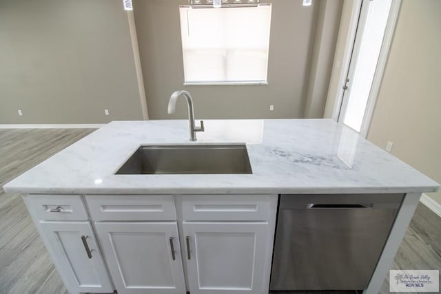 kitchen featuring light stone countertops, white cabinetry, stainless steel dishwasher, and sink