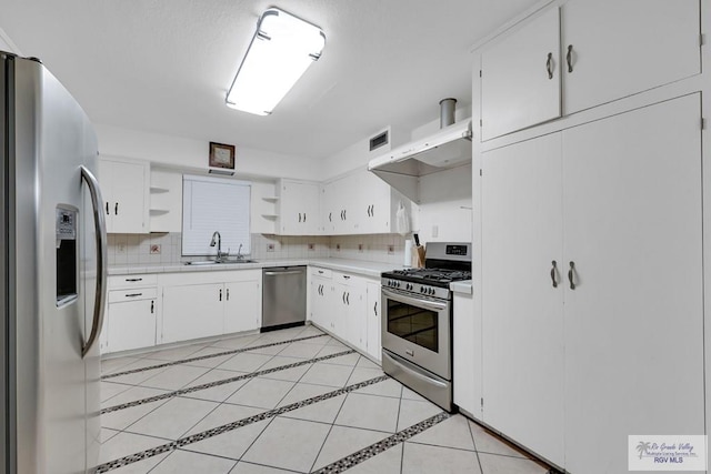 kitchen featuring white cabinetry, sink, backsplash, and appliances with stainless steel finishes