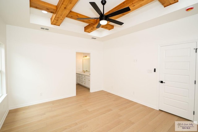 2409 Brown Pelican Ln, Harlingen, TX 78552 - empty room featuring a ceiling fan, beamed ceiling, light wood-type flooring, and coffered ceiling
