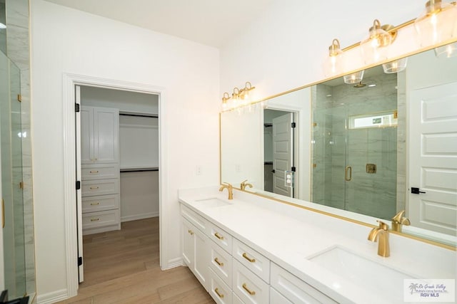 2409 Brown Pelican Ln, Harlingen, TX 78552 - bathroom featuring a stall shower, wood finished floors, double vanity, and a walk in closet