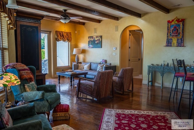 4329 Waters Edge, Harlingen, TX 78550 - living room with ceiling fan, dark hardwood / wood-style flooring, and beamed ceiling