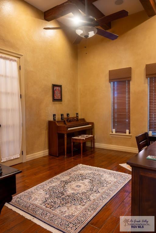 4329 Waters Edge, Harlingen, TX 78550 - office area with ceiling fan, dark hardwood / wood-style flooring, and beamed ceiling