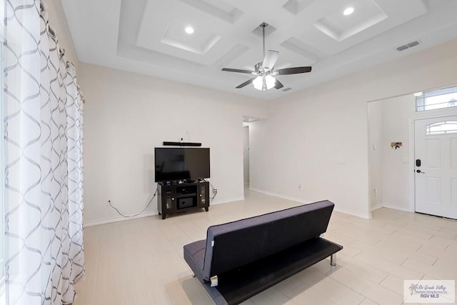 interior space featuring coffered ceiling, beam ceiling, and ceiling fan