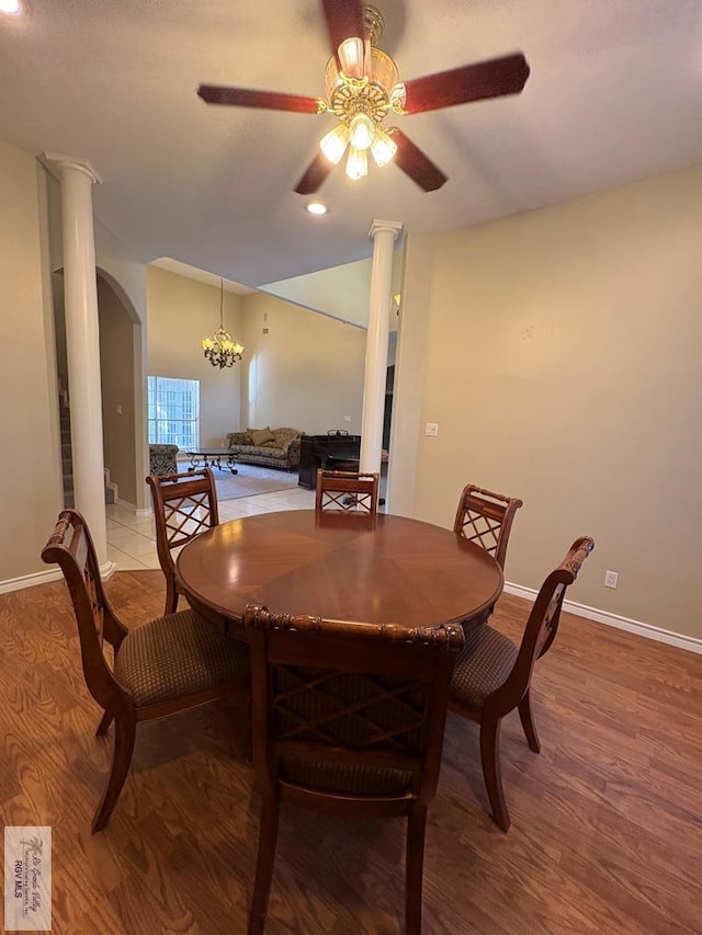 901 Plantation St, Brownsville, TX 78526 - dining area featuring ceiling fan, light wood-style flooring, ornate columns, baseboards, and recessed lighting
