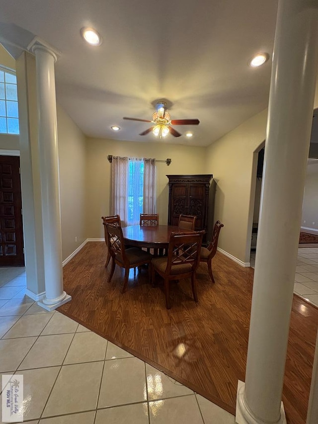 901 Plantation St, Brownsville, TX 78526 - dining room featuring ornate columns, a ceiling fan, light tile patterned floors, baseboards, and recessed lighting