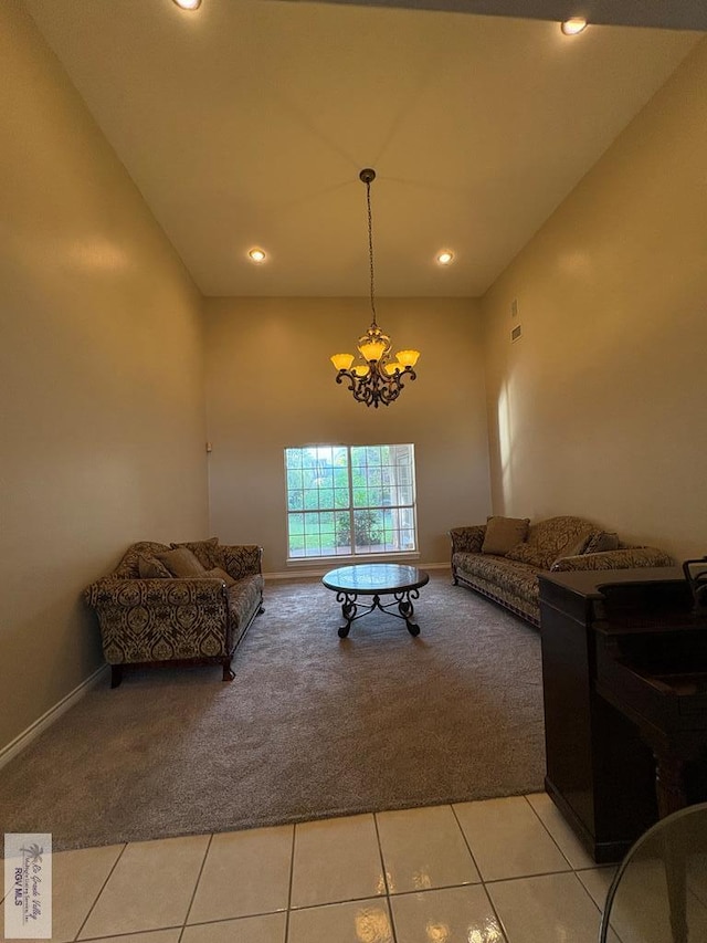 901 Plantation St, Brownsville, TX 78526 - living area featuring light colored carpet, a chandelier, baseboards, recessed lighting, and light tile patterned floors