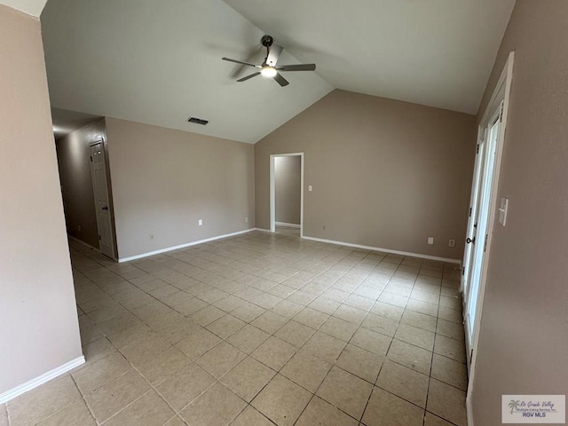 2805 Swiss Pine Ct, Harlingen, TX 78550 - unfurnished room featuring ceiling fan, lofted ceiling, light tile patterned flooring, and baseboards