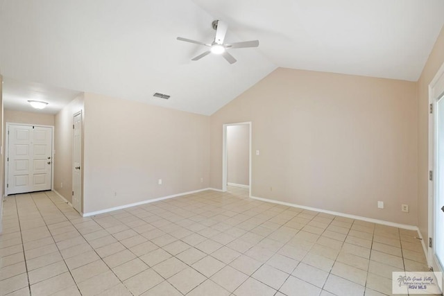 2805 Swiss Pine Ct, Harlingen, TX 78550 - spare room featuring ceiling fan, lofted ceiling, and light tile patterned floors