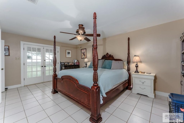 bedroom with french doors, access to outside, ceiling fan, and light tile patterned flooring