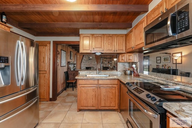 kitchen featuring kitchen peninsula, sink, appliances with stainless steel finishes, beam ceiling, and wood ceiling